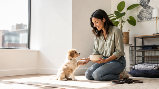 First-time owner teaching a cream-and-caramel puppy to offer a paw at home