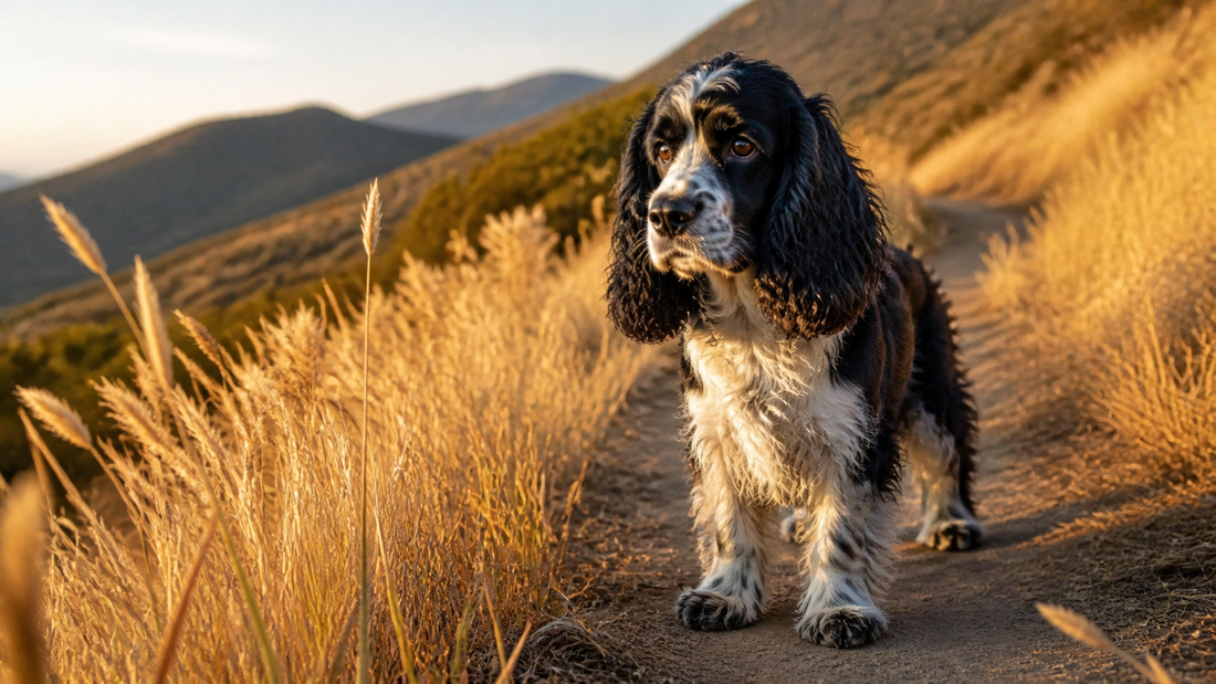 Dog beside dry foxtail grass on a California hiking trail