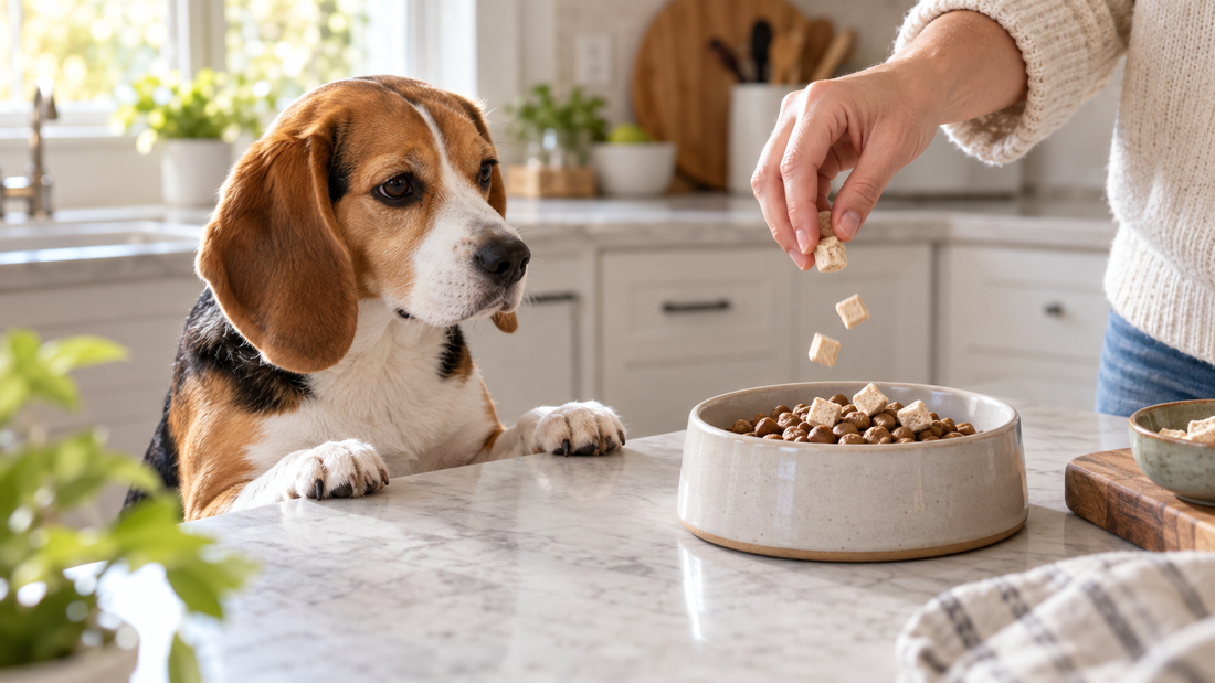 Tricolor beagle watching an owner add measured freeze-dried meat cubes to a bowl
