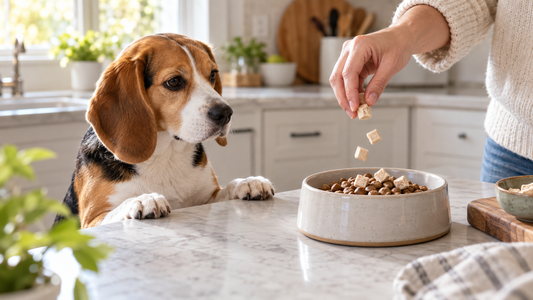 Tricolor beagle watching an owner add measured freeze-dried meat cubes to a bowl