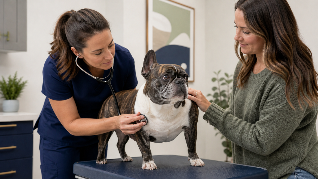 Veterinarian assessing a calm French Bulldog's breathing while the owner provides reassurance