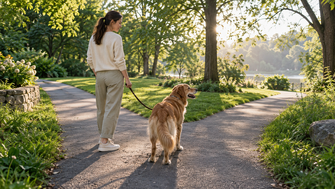Dog choosing between two safe park paths while walking on a loose six-foot leash with its owner
