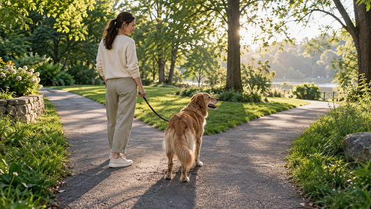 Dog choosing between two safe park paths while walking on a loose six-foot leash with its owner