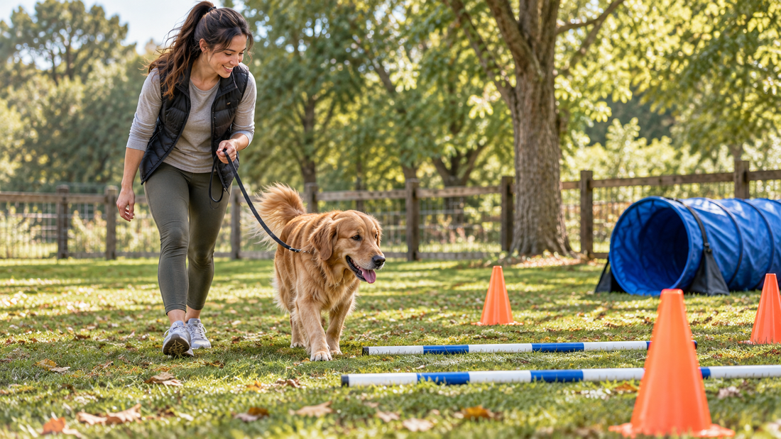 Healthy adult dog and owner enjoying a varied low-impact outdoor exercise session