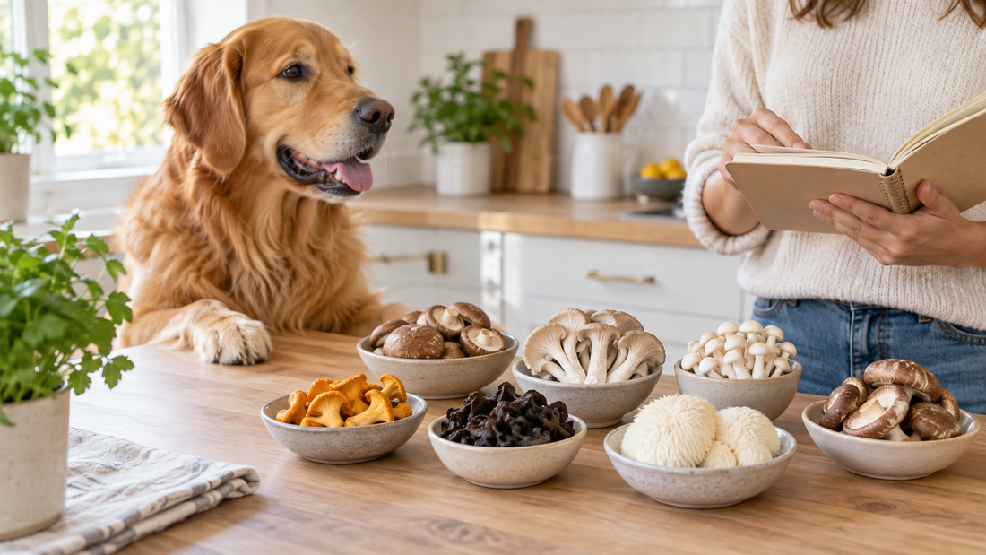 Adult Golden Retriever beside seven mushroom varieties while an owner reviews an ingredient notebook