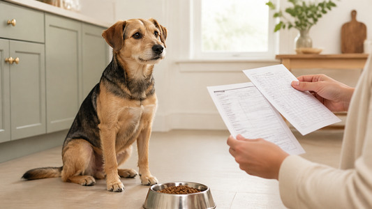 Dog waiting by a measured bowl while its owner compares an unbranded food label with a veterinary feeding plan