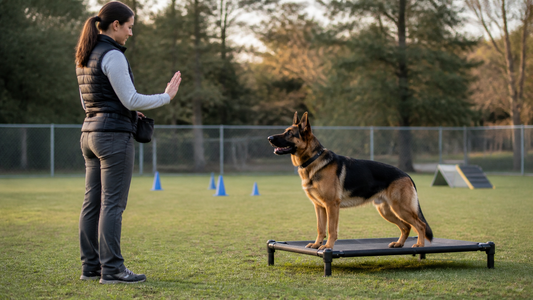 Owner practicing calm place training with a German Shepherd on a community dog-training field