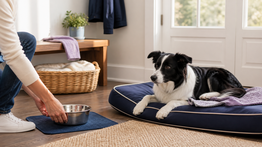 Border Collie resting on a navy bed while an owner places a freshly cleaned water bowl nearby