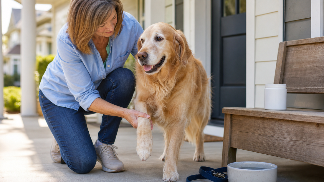 Owner gently checking an older Golden Retriever's front-leg mobility on an American porch