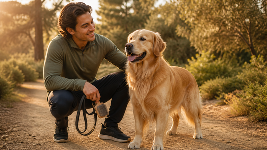 Healthy adult Golden Retriever with its owner on a sunlit park trail