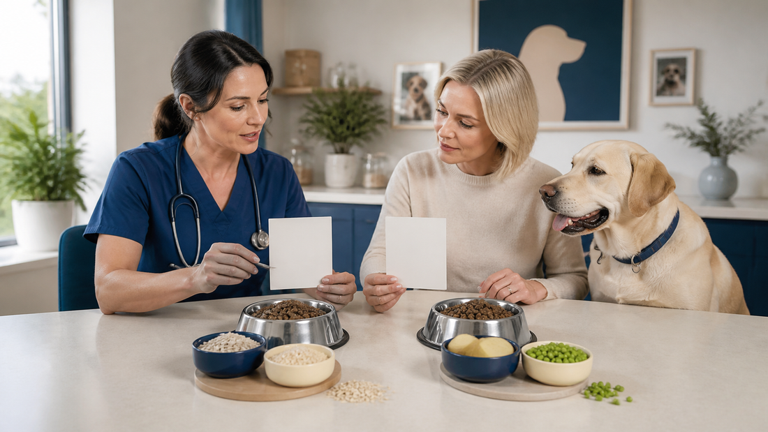 Veterinarian and Labrador owner comparing grain-containing and grain-free dog food formulations