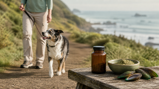 Dog walking comfortably beside green-lipped mussel powder and an unbranded supplement jar
