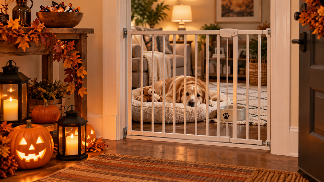 Relaxed dog resting in a secure Halloween-themed room away from candy and the front door