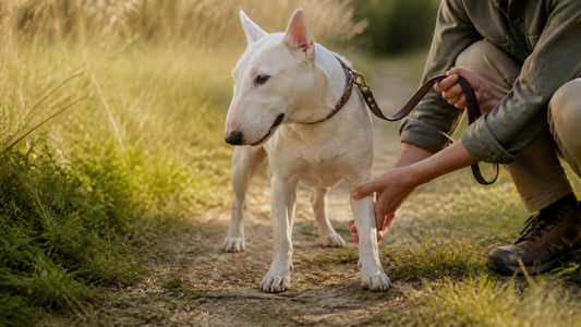 Owner checking a dog's legs after walking through tall grass where chiggers may live