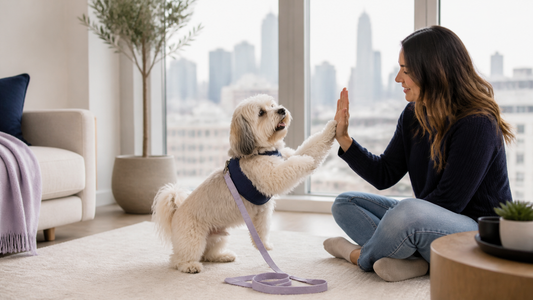 Cream and sable Havanese performing a high-five during reward-based training in a Chicago apartment