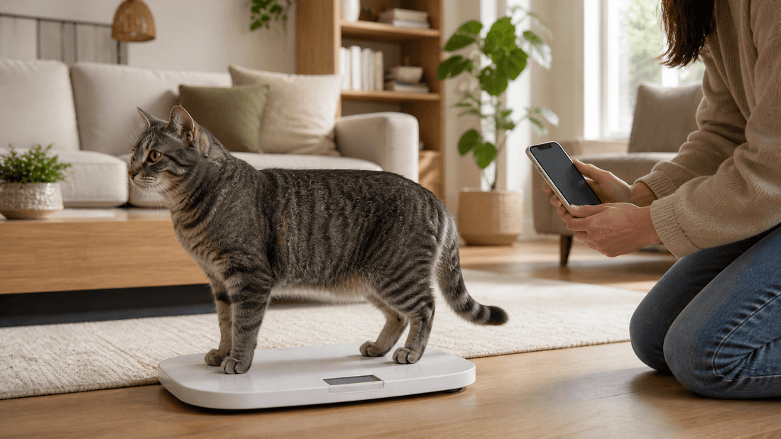 Gray tabby cat standing side-on on a home pet scale while its owner records the weight