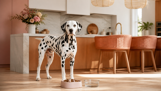 Healthy adult Dalmatian beside a measured meal and fresh water