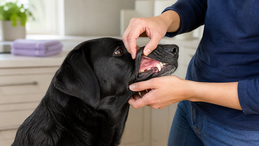 Owner gently lifting a black Labrador's upper lip to check healthy pink gums in a bright kitchen