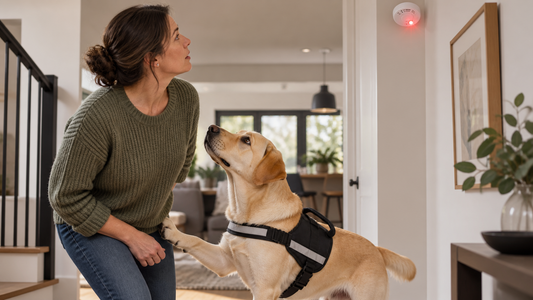 Hearing assistance dog alerting its handler to an important sound in a bright American home