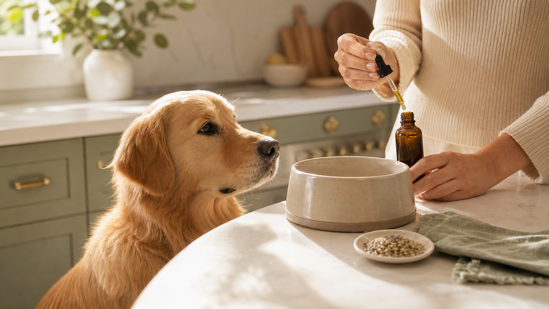 Golden Retriever beside an owner measuring unbranded hemp seed oil near a dog bowl in a bright American kitchen