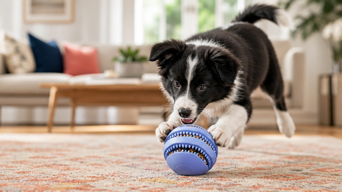 Border collie puppy playing with a blue food puzzle on a living room rug