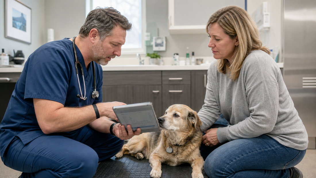 Veterinarian reviewing bloodwork trends on a tablet with the owner of a relaxed senior dog