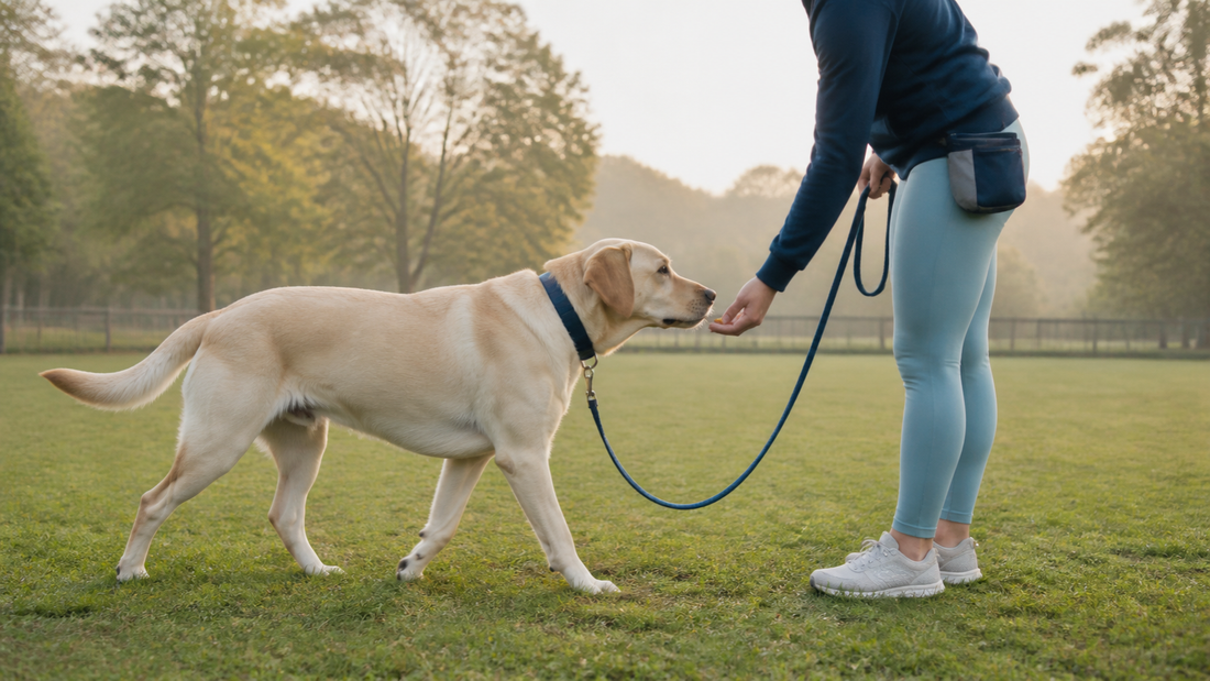 Labrador reaching its owner during recall training and receiving one tiny high-value reward
