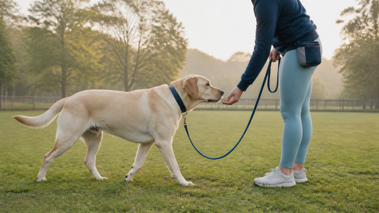Labrador reaching its owner during recall training and receiving one tiny high-value reward