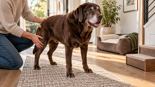 Owner observing the rear-leg stance of a senior chocolate Labrador on a nonslip runner