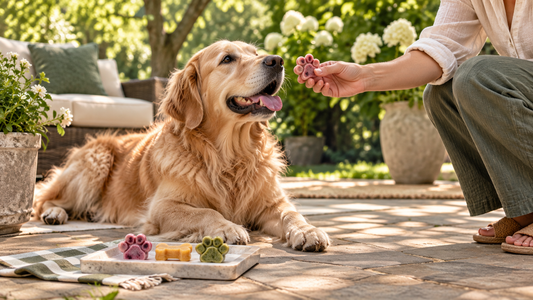 Golden retriever receiving a small paw-shaped frozen dog treat on a shaded patio