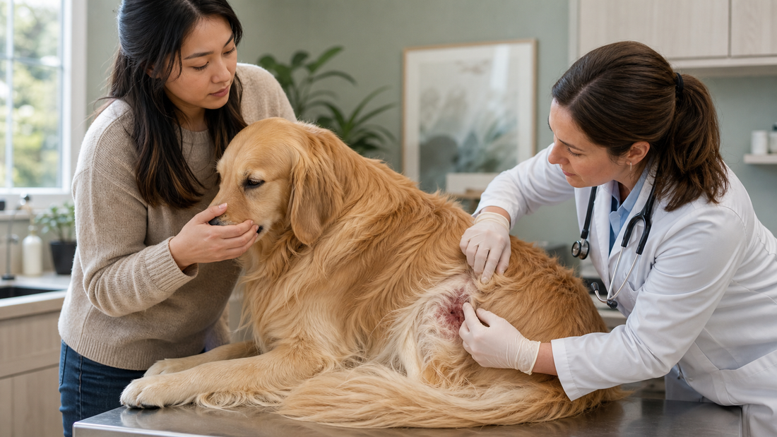 Owner checking a red moist hot spot beneath a dog's coat before veterinary care