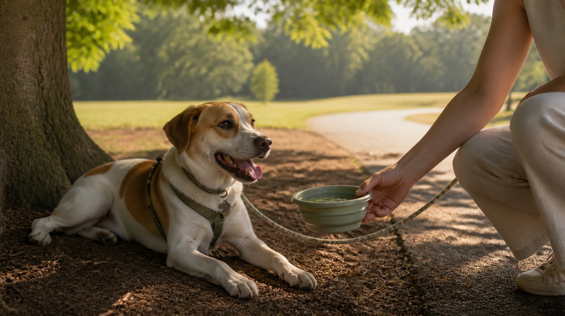 Dog resting in deep shade while its owner offers water during a hot-weather walk in an American park