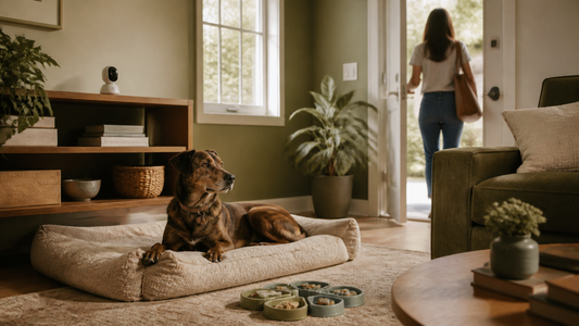 Relaxed adult dog resting with a food puzzle and home camera while its owner leaves calmly