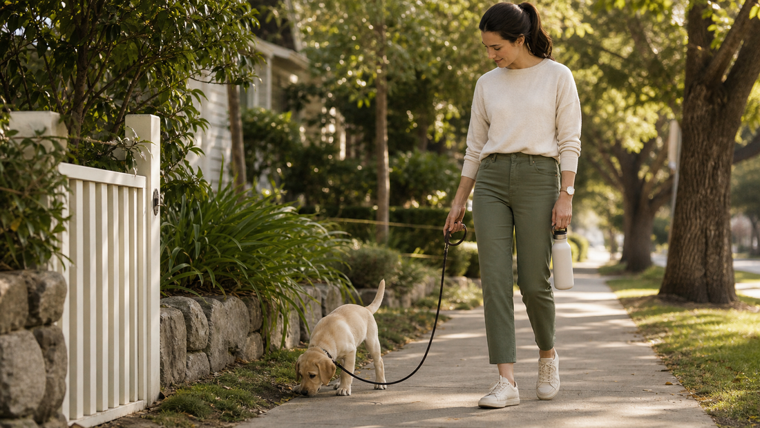 Young Labrador puppy taking a relaxed sniff-focused walk on a loose leash with its owner