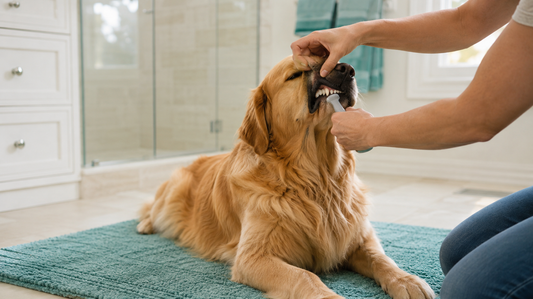 Golden retriever lying calmly while an owner brushes the outer surface of the dog's teeth