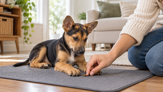 Puppy choosing to settle on a mat while an owner rewards calm behavior in an American home