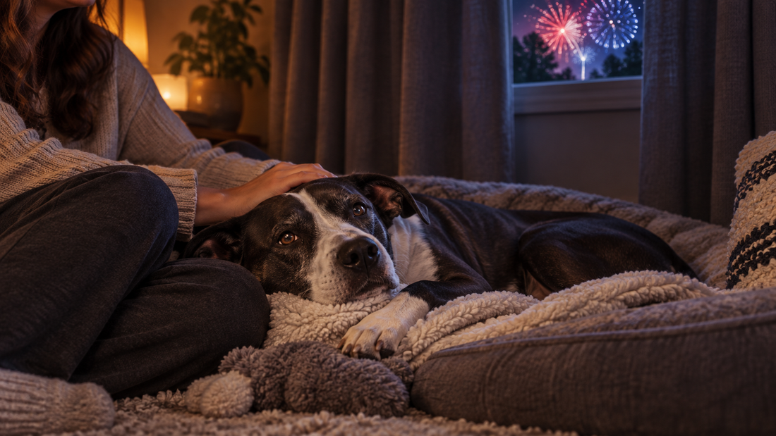 Dog resting in a secure interior den while distant Fourth of July fireworks glow outside