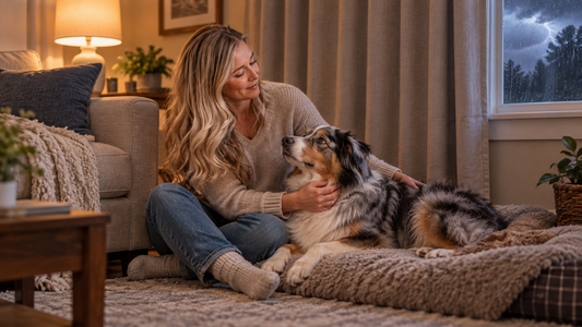 Dog and owner resting in an interior room while a thunderstorm moves across an American neighborhood