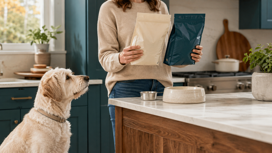 Owner comparing two unbranded dog food labels while a cream mixed-breed dog waits