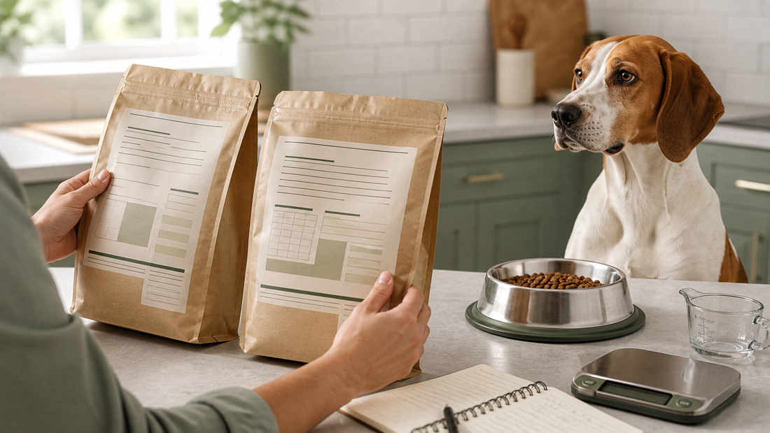 Dog owner comparing two dog food labels beside a bowl, scale and measuring cup