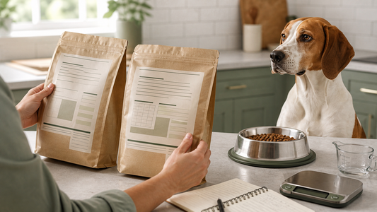 Dog owner comparing two dog food labels beside a bowl, scale and measuring cup