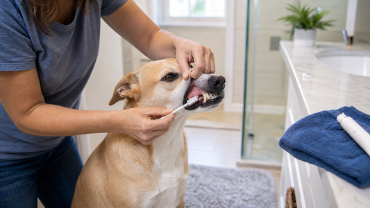 Owner gently brushing the outer teeth of a relaxed mixed-breed dog in a bright American bathroom