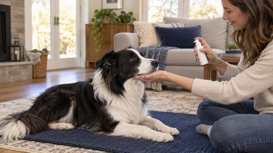 Adult Border Collie offering a chin rest while an owner holds a plain dental spray bottle at a safe distance