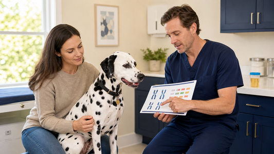 Dalmatian owner and veterinarian reviewing an abstract genetic report in a bright exam room