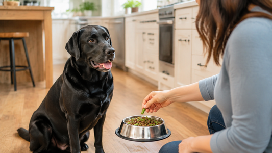 Black Labrador waiting as a small plain green bean is added to its dog food