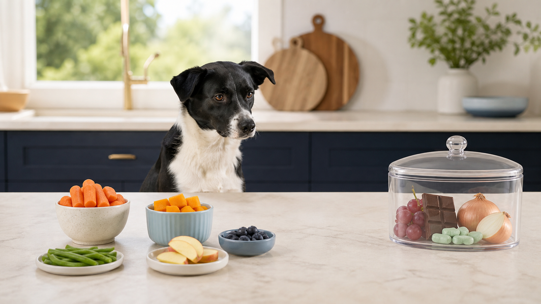 Dog owner separating measured dog-safe foods from a closed tray of unsafe human foods