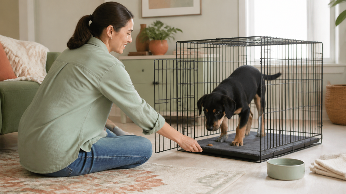 Black and tan puppy voluntarily entering an open wire crate while the owner rewards calm behavior