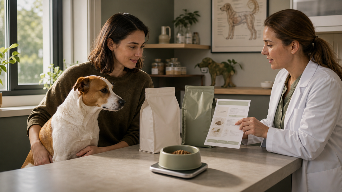 Veterinarian and dog owner comparing unbranded therapeutic diets during a canine nutrition consultation