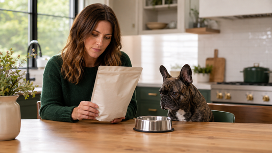 Owner reviewing an unbranded dog food label beside a brindle French bulldog