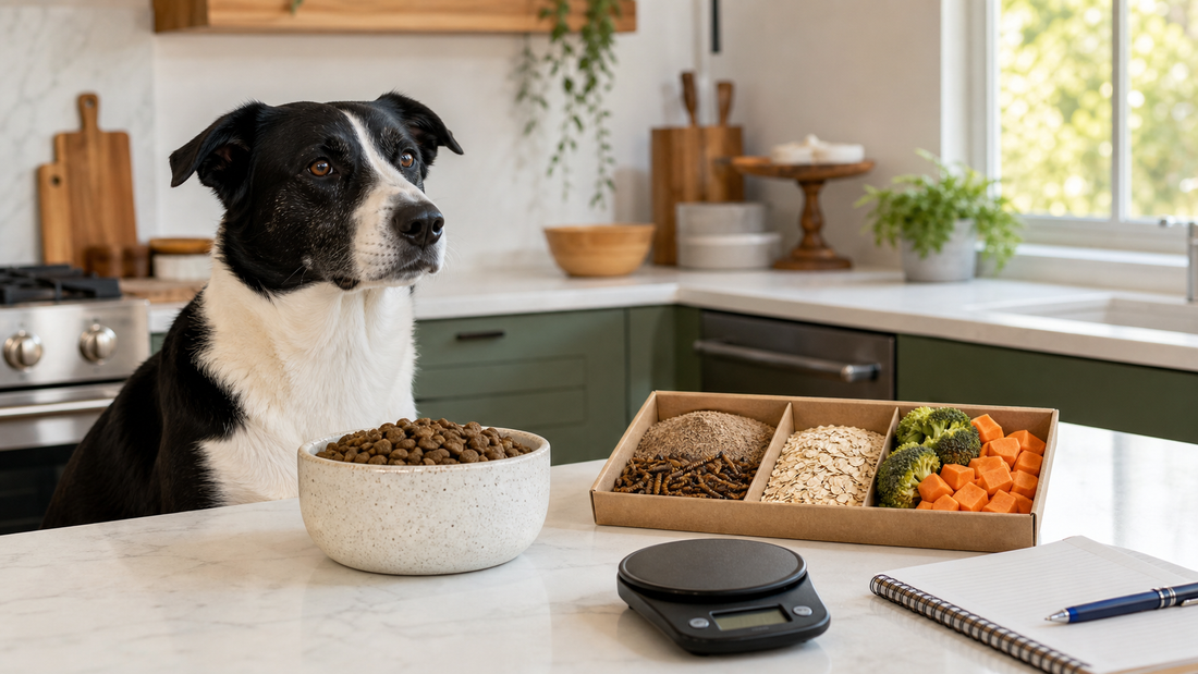 Dog beside a bowl and measured ingredients used in insect-protein dog food